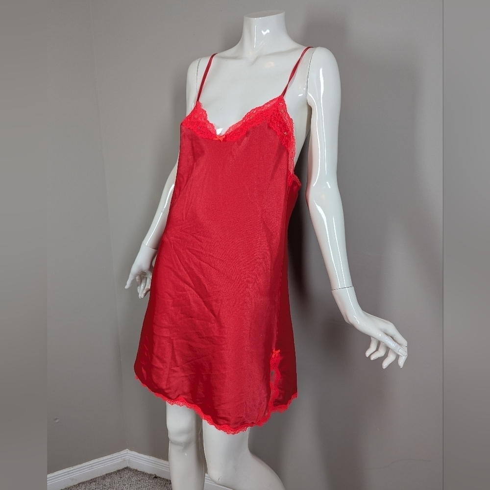 Victoria's Secret Lace Trim Satin Slip Dress | Rhinestone Detail | Hot Pink Red